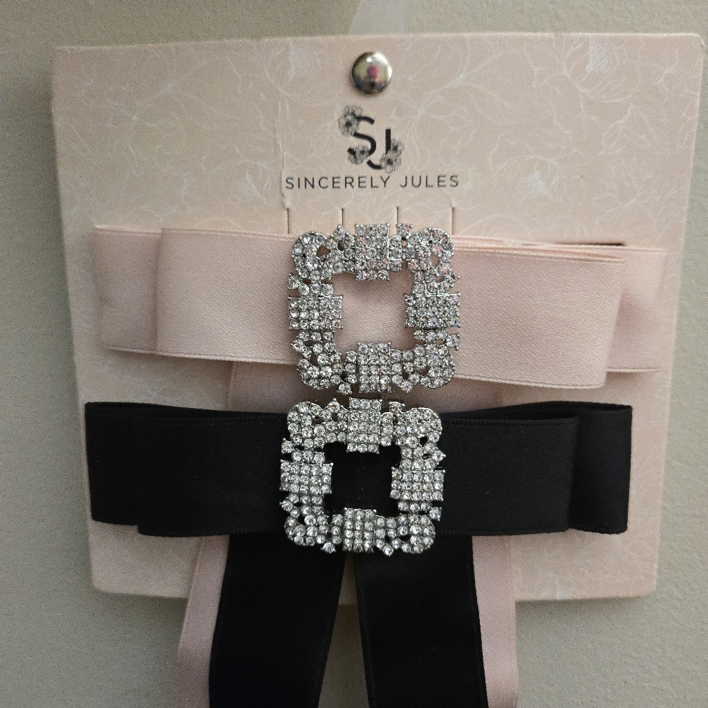 Sincerely Jules Rhinestone Buckle Satin Bow Barrettes Black & Ballet Baby Pink - Picture 2 of 5